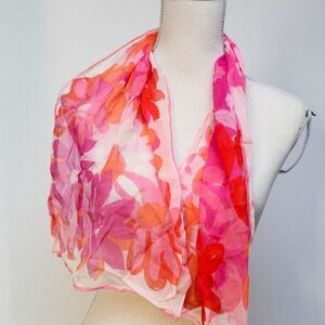 Silk Scarf pink orange floral abstract art 14x40 rolled edge